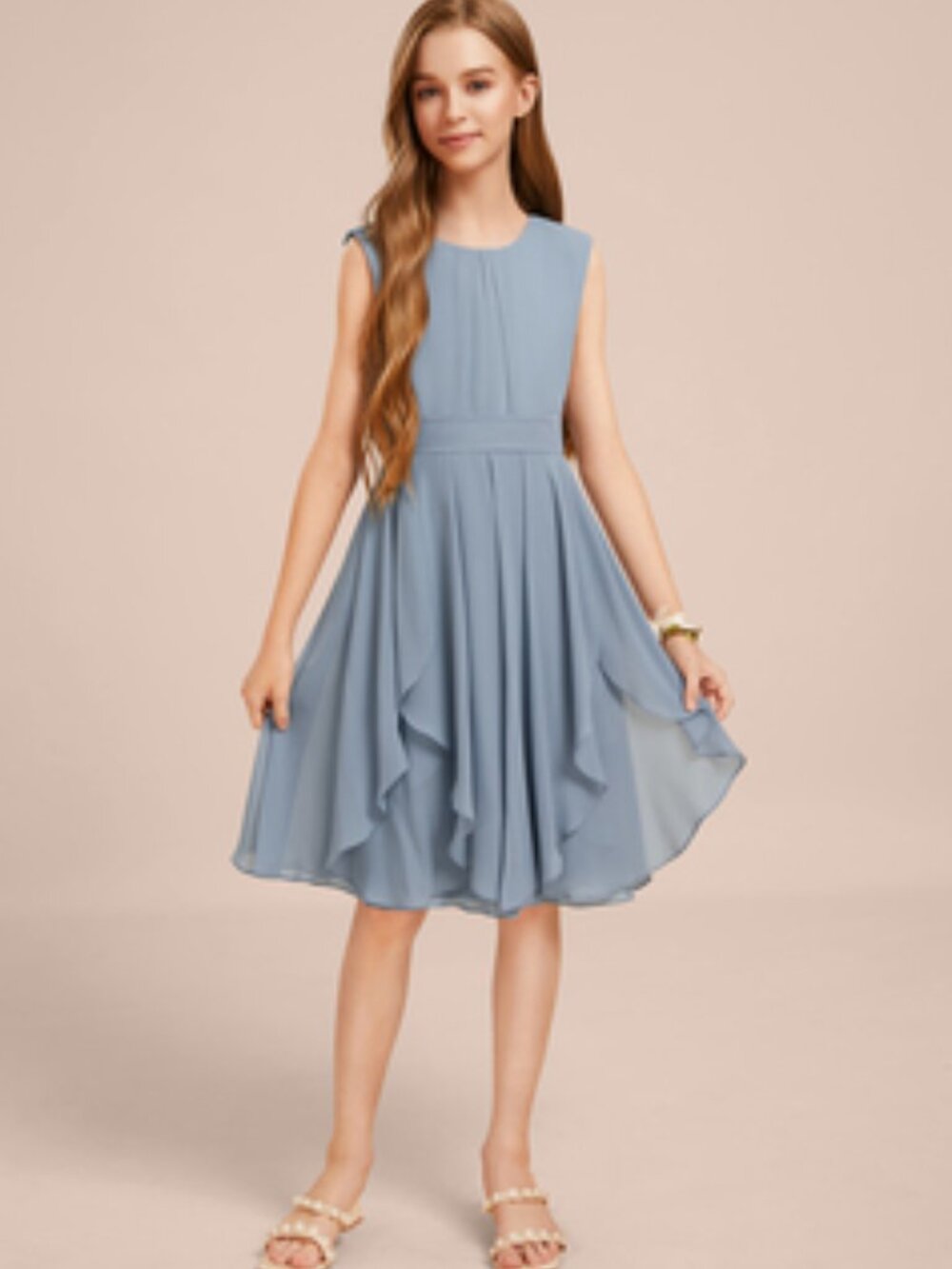 Flower Girl or Junior Bridesmaids chiffon dress, from JJ's House, in dusty blue